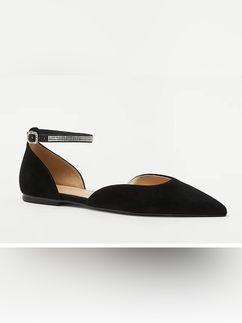 NEW ANN TAYLOR BLACK CRYSTAL ANKLE STRAP POINTY TOE SUEDE FLATS SHOES SZ 7